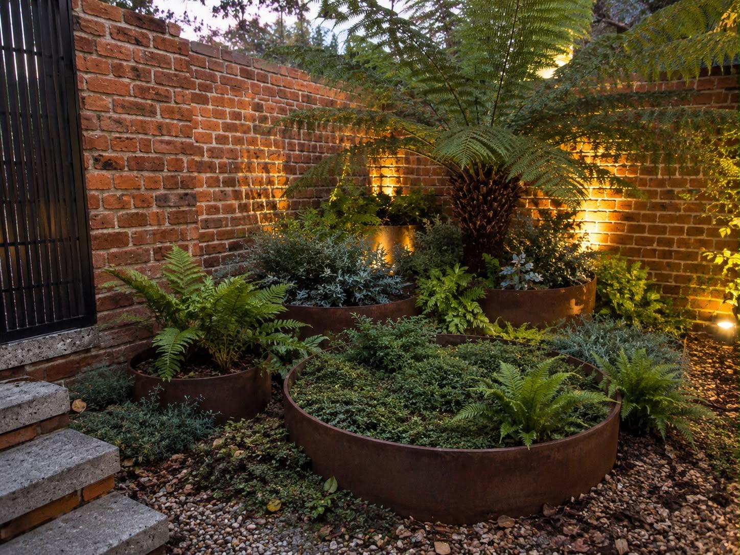 Corten steel planter bowls and ferns against an uplit brick wall