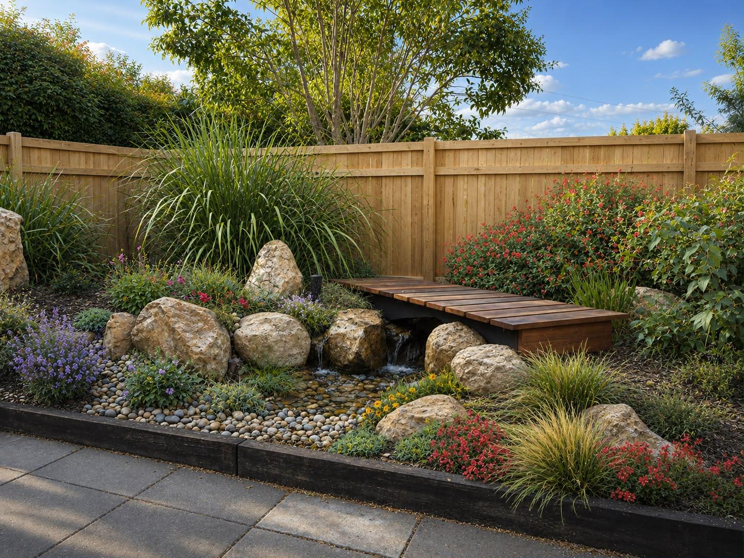 Dry creek bed with boulders, grasses and a small timber bridge