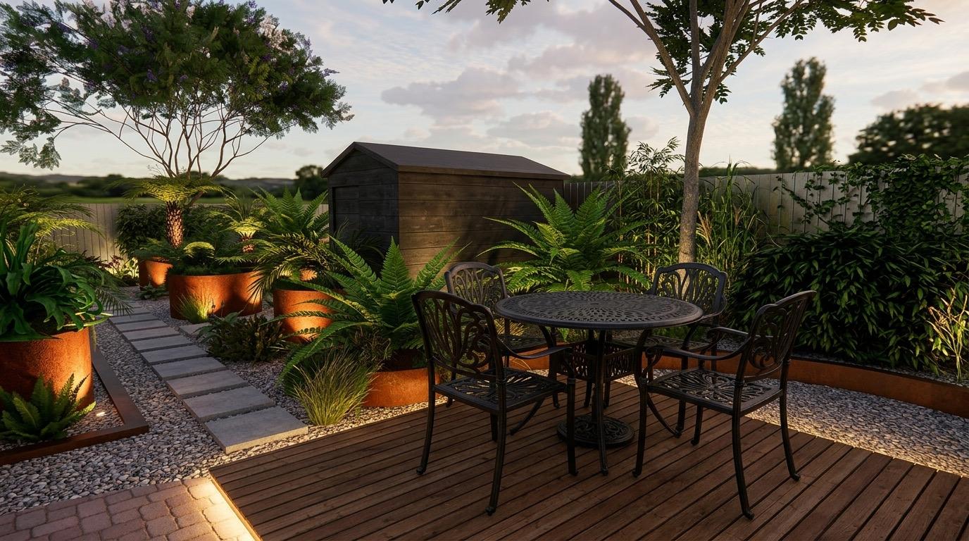 Timber deck with a dining setting surrounded by lit garden beds at dusk
