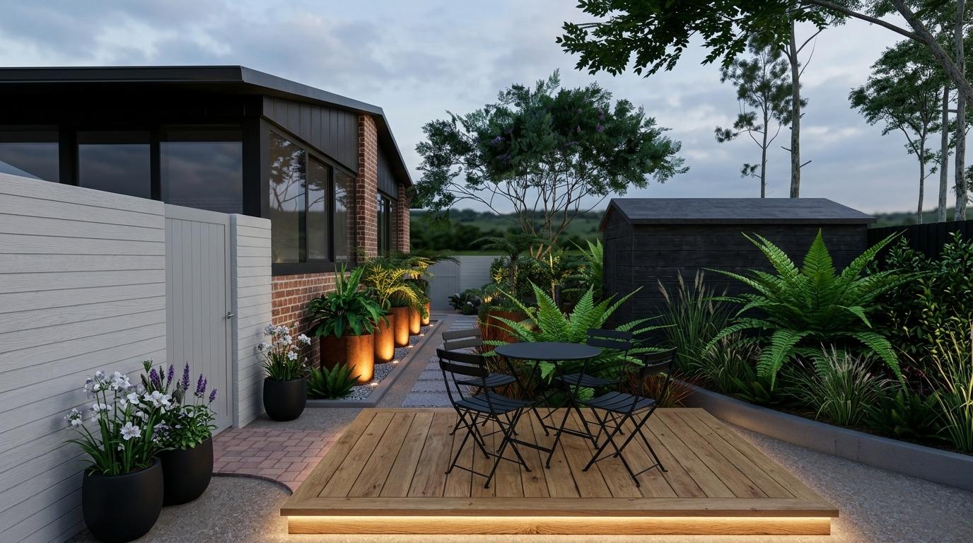 A modern floating timber deck with bistro seating and lush planting, lit at dusk