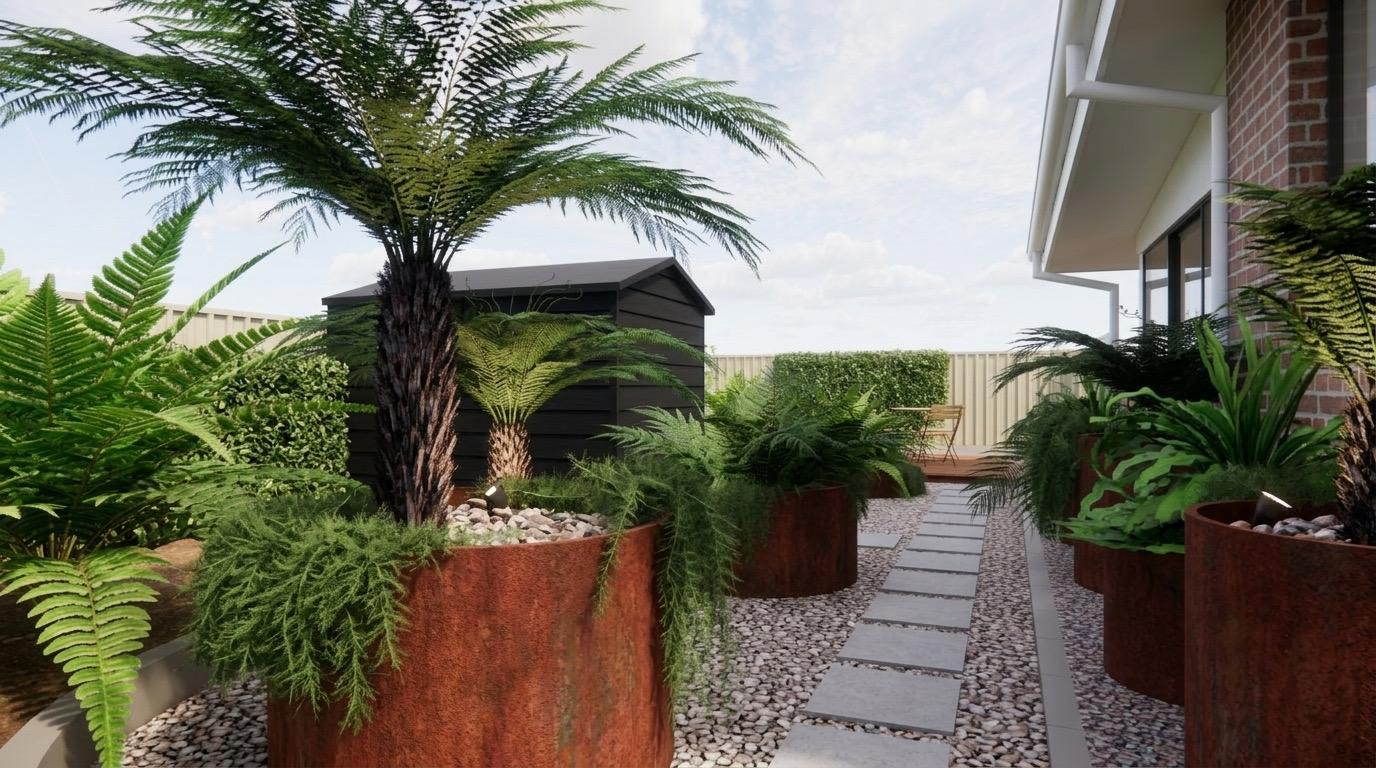 A fern and palm courtyard with corten planters and a bluestone stepping-stone path
