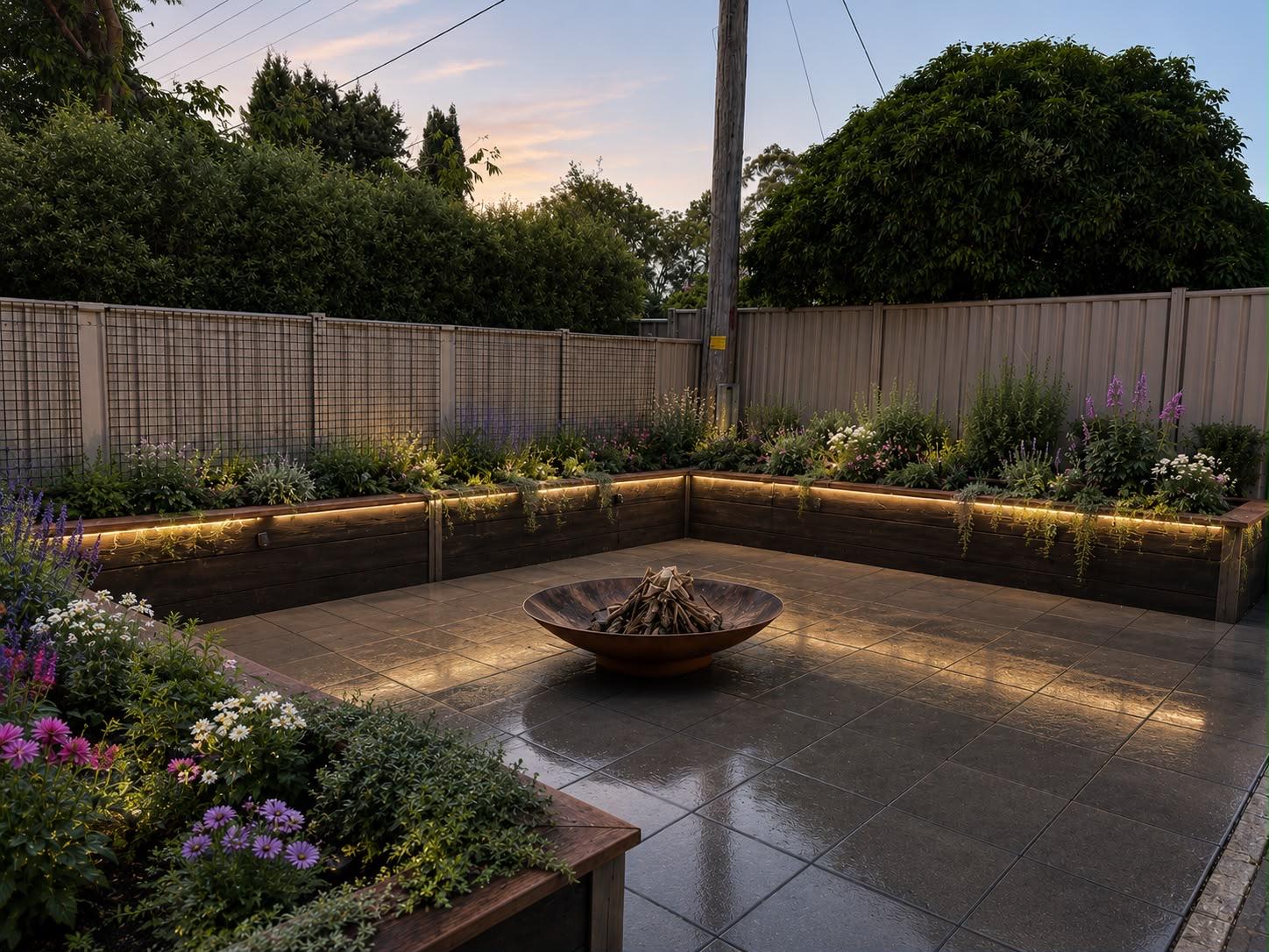 Paved courtyard with a corten fire bowl, raised garden beds and concealed lighting at dusk