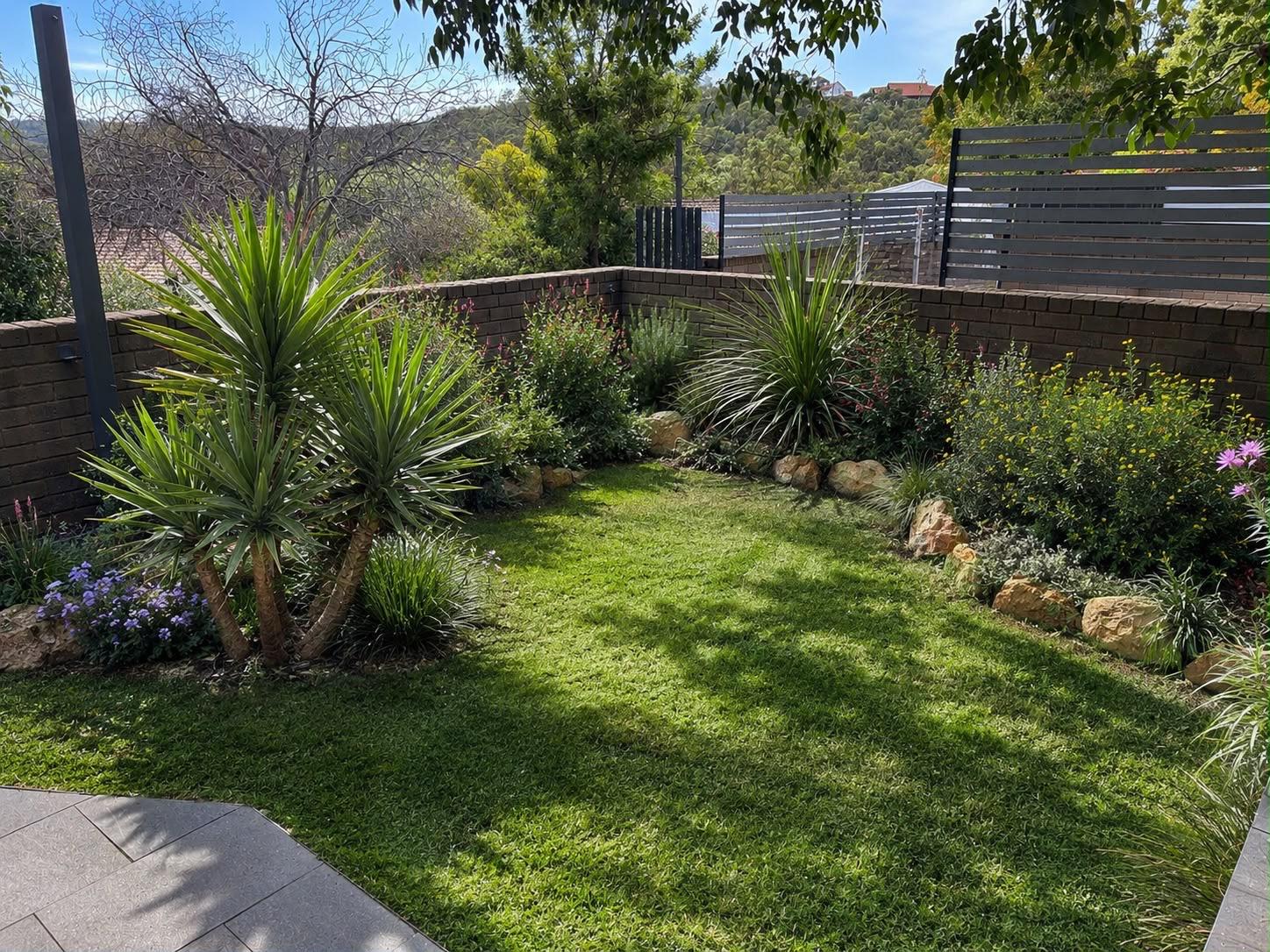 Tidy lawn framed by yuccas, a feature garden bed and a brick retaining wall