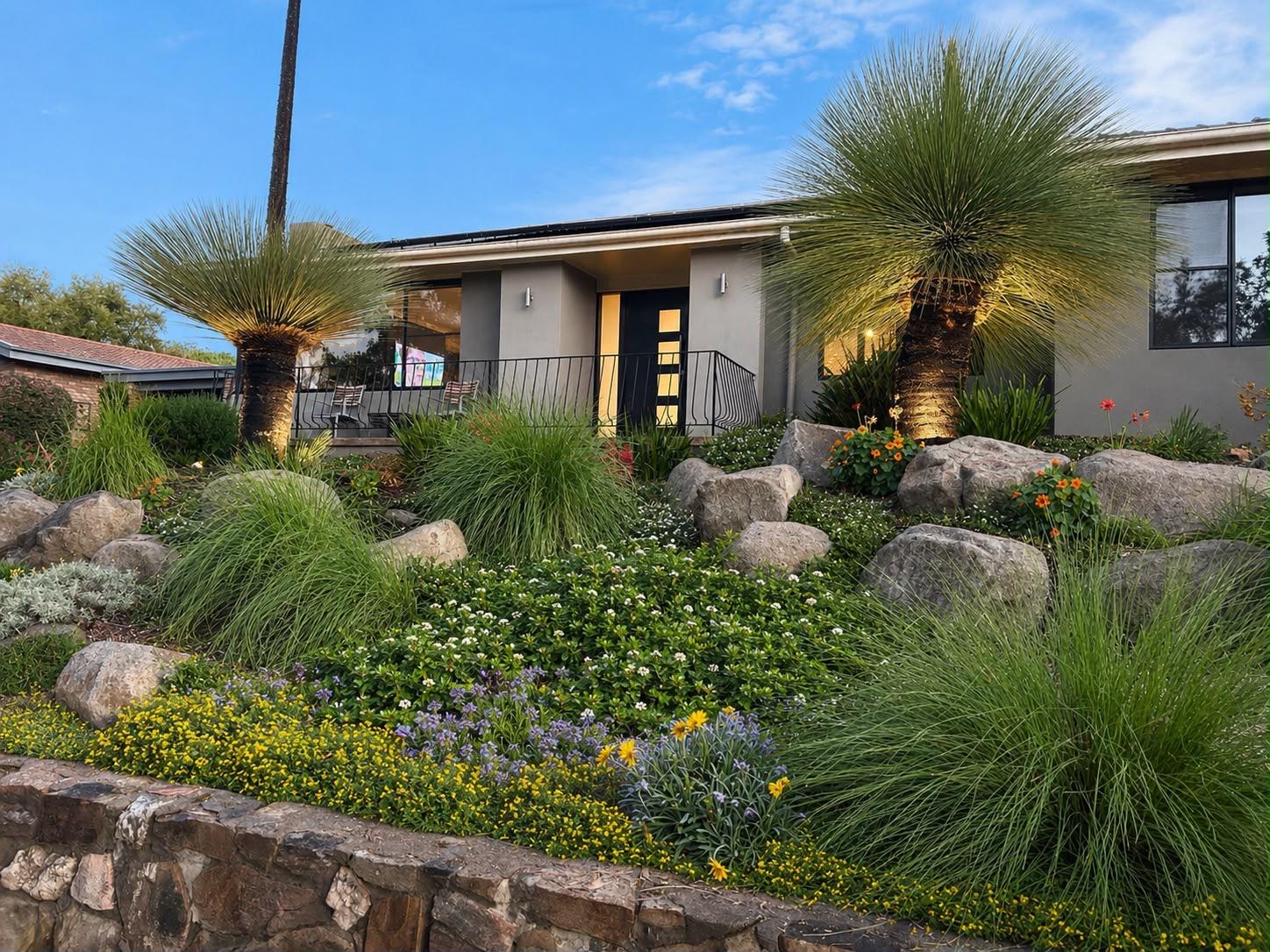 Front garden of grass trees, boulders and flowering native groundcover in daylight