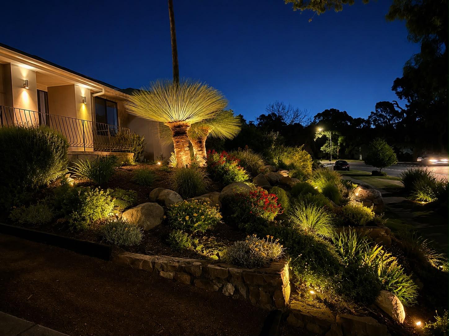 Native garden bed lit at night, grass tree uplit above a dry-stone wall
